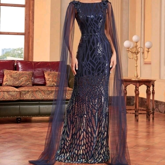 NavyBlue, Boat Neck, Long Cloak,  Sequined/ Mesh Merm… - Picture 7 of 16